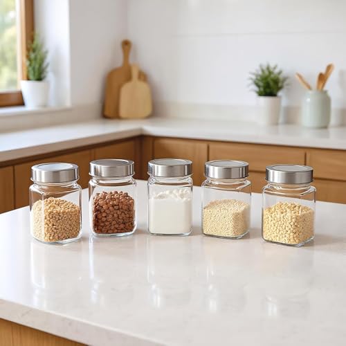 Image of PRAMUKH FASHION Square Shape Glass Jar for Kitchen Masala Storage Ml Set with Airtight Lid Containers Spices Dry Fruits and Pickle Container Pack of