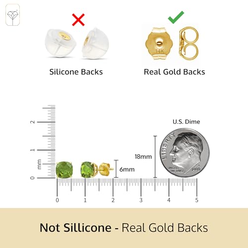 MAX + STONE 14k Yellow Gold Cushion Cut Green Peridot Stud Earrings for Women | 6mm August Birthstone3