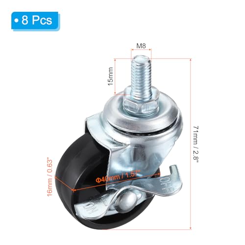 PATIKIL 1.5 Inch Threaded Stem Casters Wheels with Brake, 8 Pack Locking Swivel Wheels Wire Shelf Caster Wheels 110Lbs Load Capacity for Furniture Shelving Rolling Cart, Black