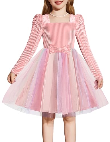 Arshiner Toddler Girls Velvet Dresses Square Neck Fall Winter Long Sleeves Dress for Holiday Party 3-8Y