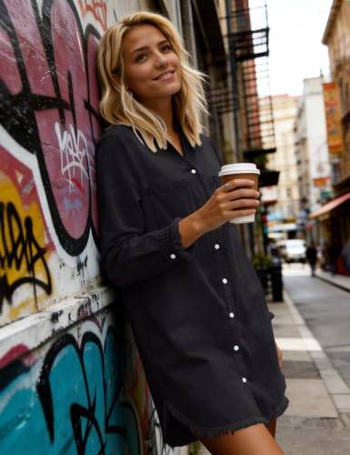 Image of Zilcremo Women Denim Dress Long Sleeve Button Down Jean Shirt