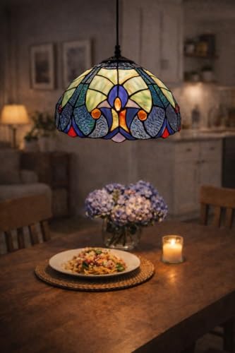 Image of Stained Glass Hanging Pendant Lamp, Blue Green Mosaic Glass Shade with Black Cord, Decorative Ceiling Light for Home & Cafe (Free Bulb) (Design - 8)