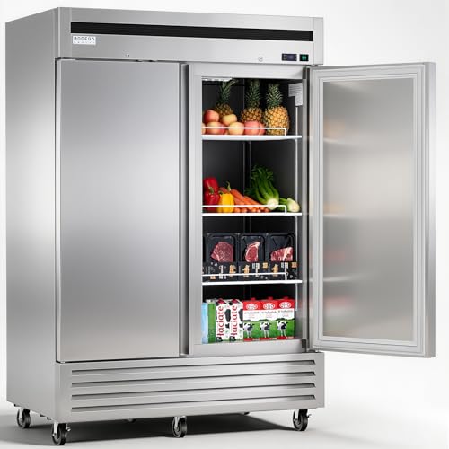 BODEGA BODEGACOOLER 54 W Double Door Commercial Refrigerators Stainless Steel Solid Door Reach-in Refrigerator 49 Cu.Ft Large Capacity 33 to 41 Temp Range Auto Defrost For Restaurant Kitchen