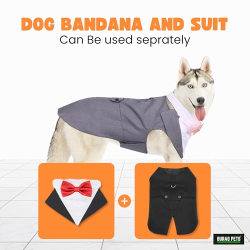 Image of Buraq Premium Dog Wedding Suit, Elegant Tuxedo with Bow Tie & Bandana, Comfortable, Washable Outfit for Dogs (L - Red)