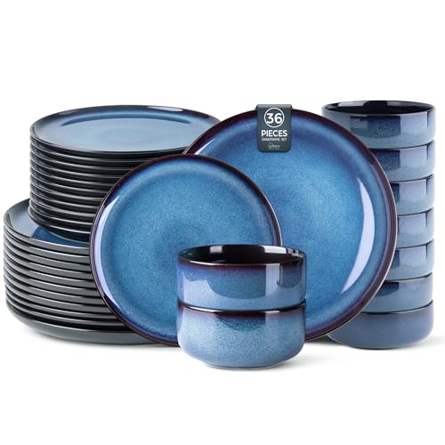 Image of LERATIO Ceramic Dinnerware Sets for 12, 36 Pieces Plates and Bowls Sets, Reactive Glaze Dishes -Scratch Resistant, Dishwasher&Microwave Safe&Oven Safe-Blue