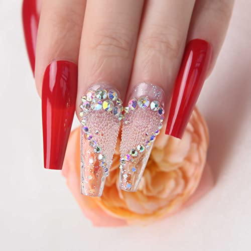 MqpQ Luxury Red Heart Press On Nails Rhinestones Long Coffin Natural Clear Fake Nails With Colorful Caviar Love 24pcs Glossy  Nails For Women