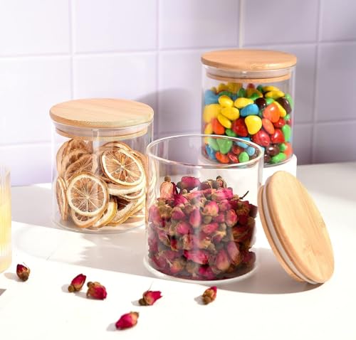 Image of Glass storage jars with wooden lid - 685 ml, Food Storage Containers Set with Air tight bamboo lid Spice Jars Set Candy, Cookie, Rice, Sugar, Flour, Pasta, Nuts (685ML JARS, 6 PCS)
