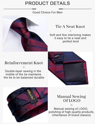 Image of DiBanGu Plaid Ties for Men Silk Checkered Necktie and Pocket Square Cufflinks Tie Clip Set with Gift Box for Wedding Business
