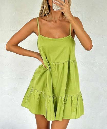 Image of Babydoll Dress for Women Spaghetti Strap Swing Dresses Sleeveless Short Flowy Dress Summer Loose Sundress