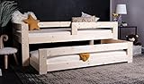 Apto para niños: la cama nido está hecha de madera de pino maciza. Cada tabla tiene un grosor de 2,8 cm, lo que permite una construcción muy estable. La cama no está pintada y, por lo tanto, no tiene olores artificiales.