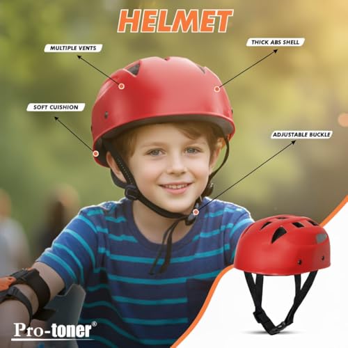 Image of Protoner Kids Skating Protection Kit with Helmet, Knee Pads, Elbow Pads and Wrist Guards,Multiple Colors & Sizes (Red, Medium)