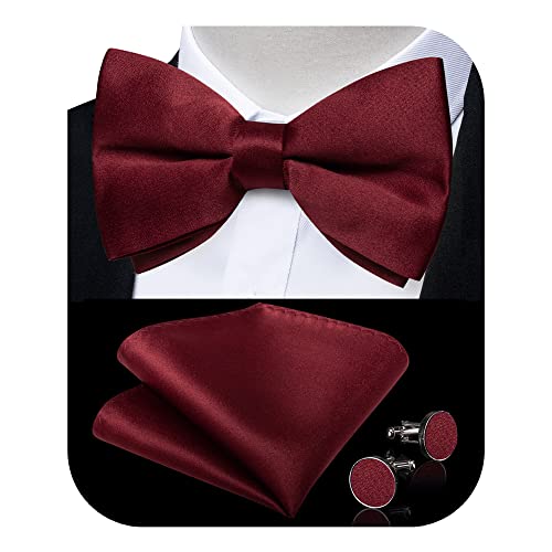 DiBanGu Burgundy Bow Ties for Men Pre-Tied Bow Tie and Pocket Square Set Adjustable Solid Satin Formal Tuxedo Bow Tie