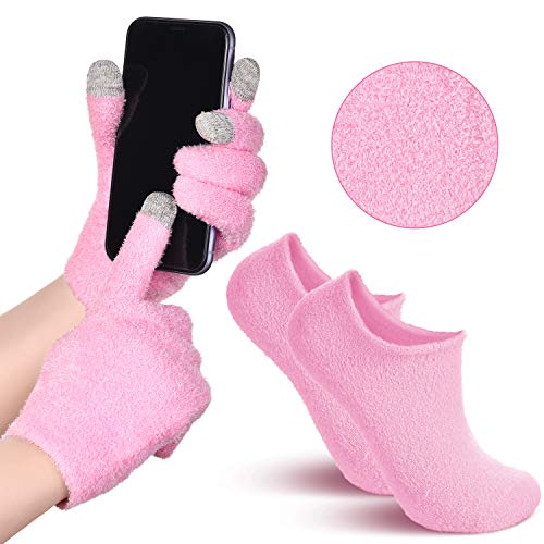 Touch Screen Moisturizing Gloves and Socks Set Gel Moisturizing Spa Gloves and Gel Heel Socks for Cracked Dry Skin Repair Treatment