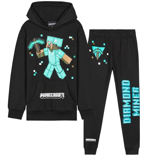 Minecraft Conjunto Chándal Niño - Sudadera con Capucha y Pantalones Niños (Negro/Azul, 9-10 Años)