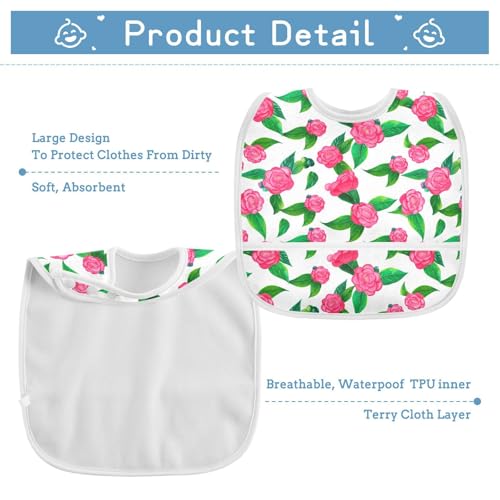 MCHIVER Camellia Floral White Baby Bibs for Boy Girl Toddler Waterproof Feeding Bib Apron with Food Cather Adjustable Cotton Food Eating Bib 2 Pack3