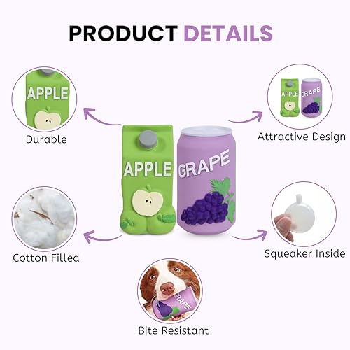 Image of Foodie Puppies Natural Latex Squeaky Play Drink Chew Toy Combo of 2 (Grapes and Apple Juice Toy) for Small to Medium Dogs | Durable, Interactive, Fetch & Chew Safe Play Toy