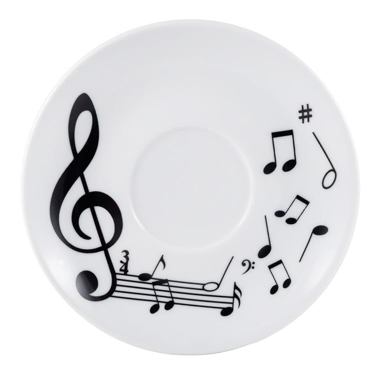 DRW Set 6 Tazze Jumbo con Piatto in Porcellana Decorate con Note Musicali, Tazza: 11 x 11 x 7 cm, Nero/Bianco, Medidas: Taza: 11x11x7 cm