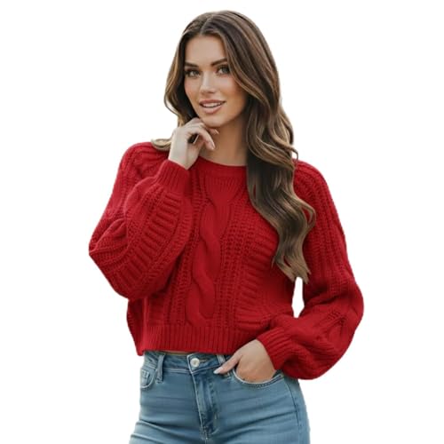 Grewear Womens Cropped Cable Knit Sweater Soft Long Sleeve Crewneck Pullover Casual Cozy Knit Top for Fall Winter Outfits Gift for Women Red-XS
