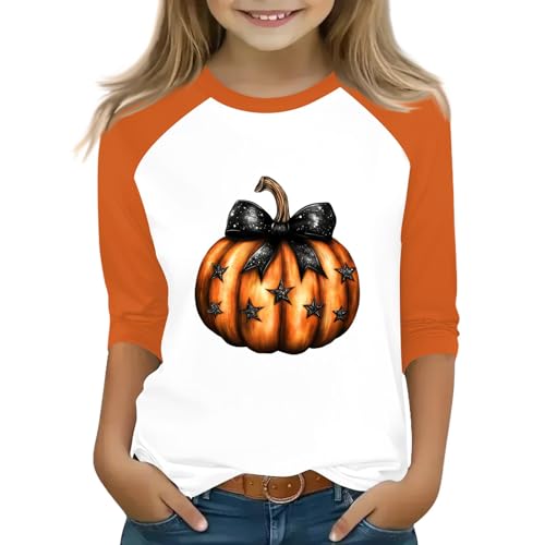 Girls Halloween Pumpkin Raglan Shirt 3/4 Sleeve Cute Fall Top Kids Festive Graphic Tee Soft Comfortable Holiday T-Shirt