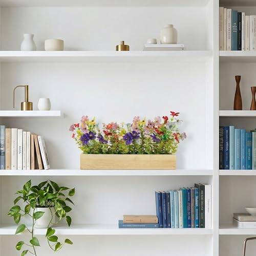 Image of Dekorly Artificial Multi Color Daisy Flower Arrangement with Wooden Planter (24 CM) | Premium Realistic Floral Decor for Table & Living Room | Stylish Indoor Decor for Living Room