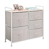 mDesign Wide Dresser Storage Tower - Sturdy Steel Frame, Wood Top, Easy Pull Fabric Bins - Organizer Unit for Bedroom, Hallway, Entryway, Closets - Textured Print, 5 Drawers - Linen/Tan