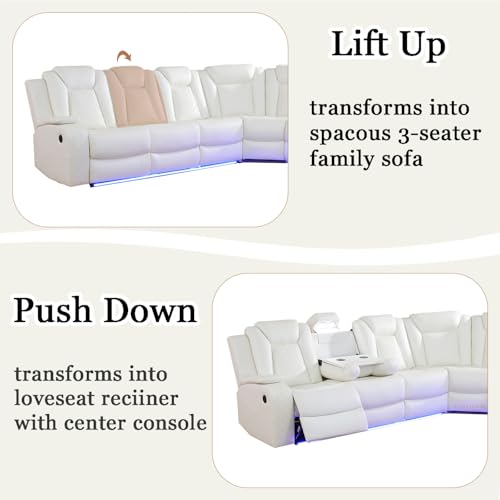 Image of Leather Power Recliner Sectional Sofa Set with LED Light,L Shaped Leather Sectional Couch Set with 5 Recliner Seats,Modular Couches with USB Ports for Living Room Furniture,Creamy White