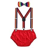 AWAYTR Baby Boys Cake Smash Outfit - First Birthday Party Suspenders Bow Tie Bloomers Set (Rainbow)