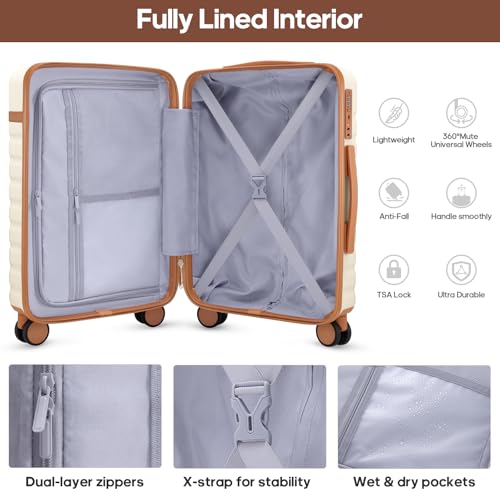 Image of UKEIN Luggage Sets 3 Piece, Carry On Luggage 20In With Spinner Wheels,PC Hardside Suitcase Set with TSA Lock,Durable Carry On Suitcase With Travel Backpack for Men (Cream, 3 piece set (BP /20inch))