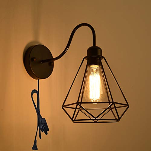 QEGY Rétro Cage Applique Murale Interrupteur, Diamant Industrielle Lampe Murale Salon Noir, Diamant Vintage Lampe de Mur Couloir avec E27 Douille et Métal Abat-jour, Restaurants Éclairage, 1.8m Câble Cover