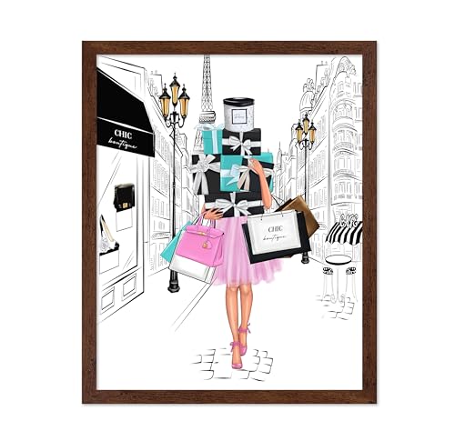 Image of Poster Master Fashion Poster - Lady with Shopping Bags Print - Trendy Art - Modern Art - Gift for Her & Fashionista - Luxury Haute Couture Decor for Bedroom or Girl's Room, 11x14 Brown Framed