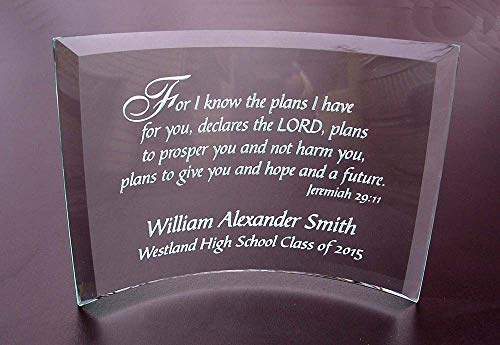 Personalized Etched Glass Achievement or Graduation Plaque, Jeremiah 29 11 Beveled Glass Crescent