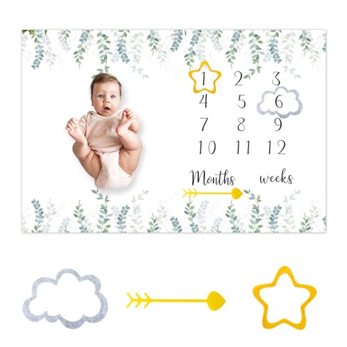 Image of Baby Milestone Blanket 60''x40'' Eucalyptus Leaves Newborn Photography Props Blanket for Boy & Girl Personalized Shower Props Baby Age Blanket to Record Baby Milestones with Frame