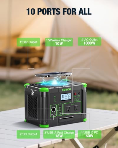 Image of GRECELL 999Wh Solar Generator 1000W Portable Power Station for Outdoor | With 60W USB-C PD Output, 120V Pure Sine Wave AC Outlet Home Camping Travel Hunting Backup Lithium Battery (Peak 2000W)