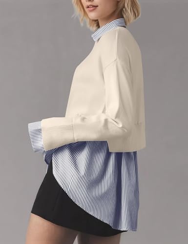 MISSACTIVER Women’s Lapel Collar Slit Patchwork Sweater 2 in 1 Button Down Knit Pullover Asymmetrical Hem Striped Shirt4