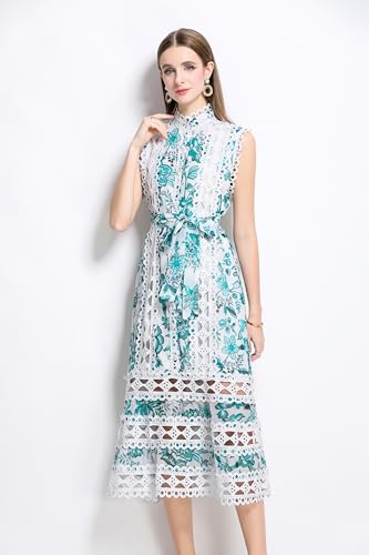 Image of LAI MENG FIVE CATS Women's Sleeveless Hollow Out Lace Button Up Casual Midi Party Dress with Belt