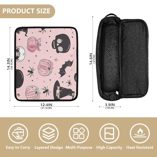 Bolsa de viaje GuoChe para herramientas de cabello con tapete resistente al calor desmontable con calaveras y calabazas miniatura 4