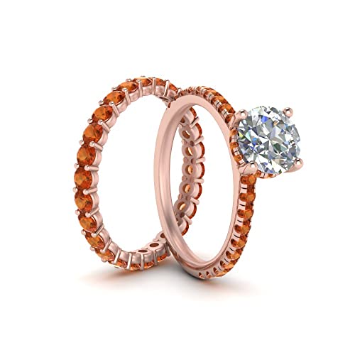 Image of Choose Your Gemstone Hidden Halo Diamond CZ Ring with Gemstone Band Rose Gold Plated Round Shape Wedding Ring Sets Minimal Modern Design Birthday Gift Wedding Gift US Size 4 to 12