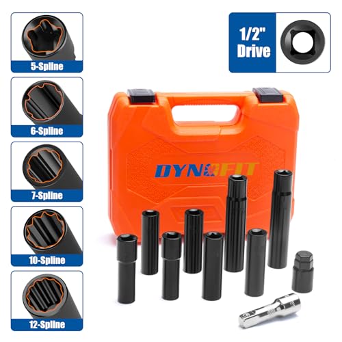 Image of Dynofit Spline Lug Nuts Socket Set (10Pcs) with 1 /2 inch Square Drive for Impact Wrench,for Spline & Hex Wheel Lock Removal,- Fits 5,6,7,10,12 Point Tuner Lug Nuts