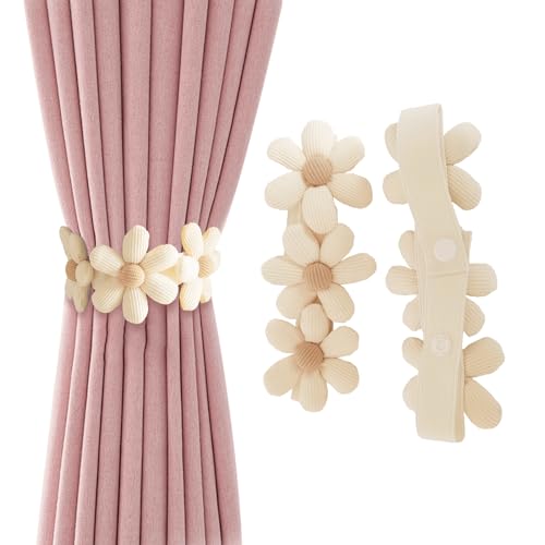 Zakrafo 2 Pcs Flower Curtain Tiebacks Simplicity Curtain Ties with Buttons,Decorative Curtain Tie Backs for Curtains Bedroom Window (Beige)