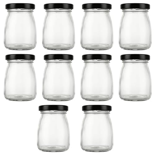 ASelected 10Pcs Clear Glass Bottles With Pretty Black Lids 100 Ml Pudding Yogurt Pots Small Jars for Snacks Candies DIY Projects