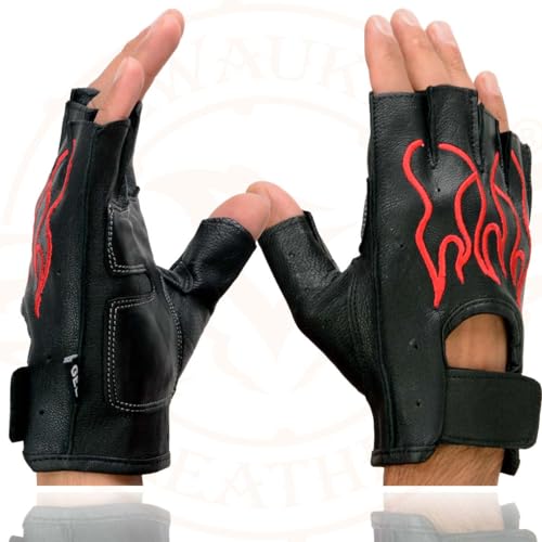 Image of Milwaukee Leather SH198 Men's Black Flame Embroidered Fingerless Gloves with Gel Palm | Padded Comfort; Vibration Relief; Flame Embroidery
