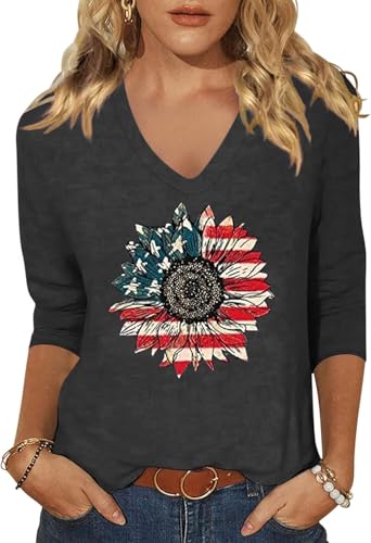 Scgirl Womens 3/4 V Neck Sleeve American Flag Shirts 4th of July Summer Shirts Graphic Tops (XL,1262SC2 Dark Grey)