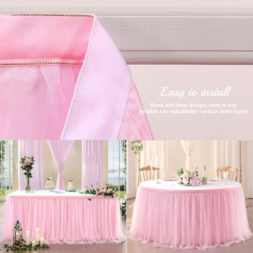 Suppromo 14ft Pink Table Skirt Tulle Tutu Tablecloth for Rectangle or Round Table For Birthday Party Baby Shower Wedding Decorations (L14(ft) H 30in, Pink)