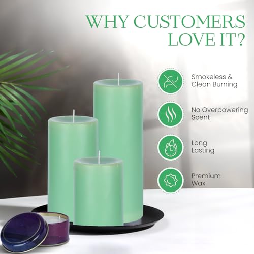 Image of D'Velas Pack of 3 Unscented Green Pillar Candles | Burn Time 50 /65 /80 Hours | Bonus 3oz Scented Travel Tin | Long-Lasting Paraffin Wax Candles for Home Decor, Festive Use & Events