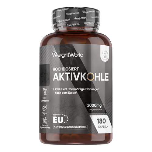 Aktivkohle Kapseln - 2000mg pro Portion - 180 vegane Kapseln - Quelle von Kokosnuss - 1 Monate Vorrat - 2 Mal 3 Kapseln täglich - Frei von Magnesiumstearat - WeightWorld