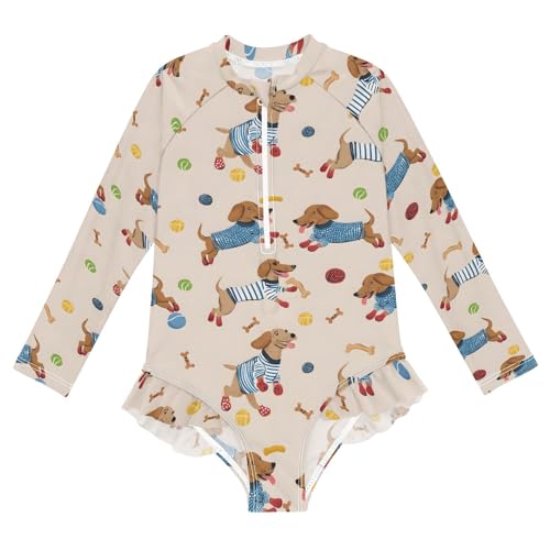 ALAZA Toddler Swimsuit Girl Bathing Suit Swimwear Rash Guard Sausage Dog Ball Long Sleeve 3T