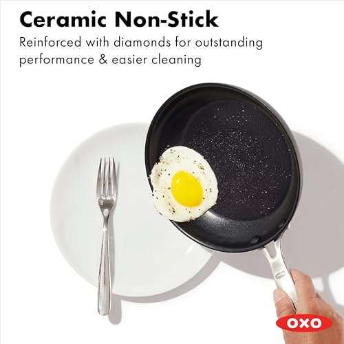 Image of OXO Enhanced 8 inch Frying Pan Skillet, PFAS-Free Ceramic Nonstick, Durable Hard Anodized Cookware, Scratch Resistant, Stainless Steel Handle, Good Grips, Dishwasher Safe, Oven safe, Black