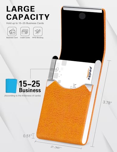 Image of Padike Professional Business Card Holder PU Leather Business Card Case Name Card Holder Slim Metal Pocket Card Holder with Magnetic Shut (Z-Orange)