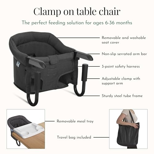 Image of Evolur Hook-On Baby High Chair, Portable Clamp-On Dining Seat with Dishwasher Safe Food Grade Tray, Clip-On Table Chair, Carry Bag, Back Pocket, ASTM Certified, 6-36 Months