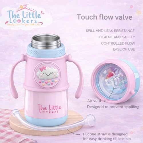 Image of THE LITTLE LOOKERS Stainless Steel Hot & Cold Sipper Bottle for Kids | 300 Milliliters | Rust-Proof | BPA-Free | Double-Wall Vacuum Insulation Water Bottle | Ideal for School and Travel | Pink